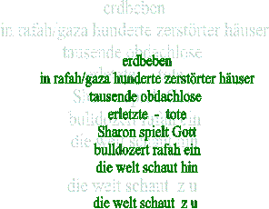 erdbeben
in rafah/gaza hunderte zerstrter huser
tausende obdachlose 
erletzte  -  tote
Sharon spielt Gott
bulldozert rafah ein
die welt schaut hin

die welt schaut  z u 